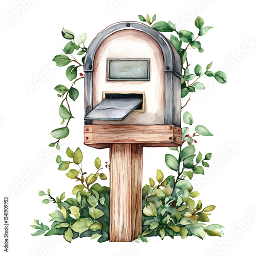 Watercolor mailbox surrounded by greenery on transparent background vector illustration