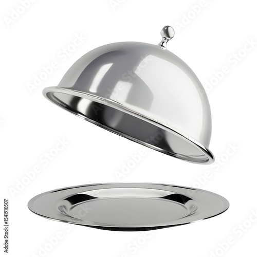 Round serving plate with shiny silver cloche on transparent background