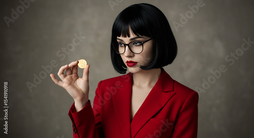 Woman in Red Blazer Examining a Gold Coin Cryptocurrency Investment Concept