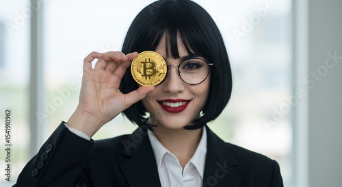 Cryptocurrency Investment Woman Holding Bitcoin Coin