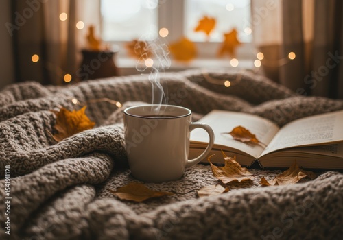 A cozy scene with a steaming cup of coffee on a knitted blanket. An open book lies nearby, surrounded by autumn leaves and soft lighting.
