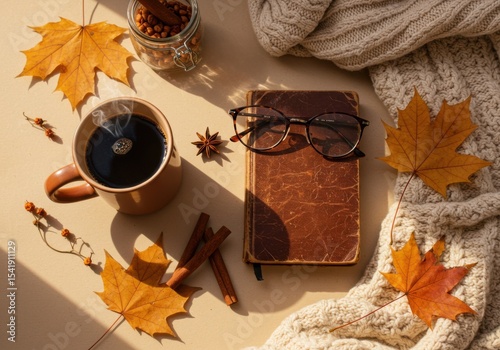 A cozy autumn scene with a cup of coffee, a brown notebook, glasses, and dried leaves on a knitted blanket. Warm colors create a relaxing atmosphere.
