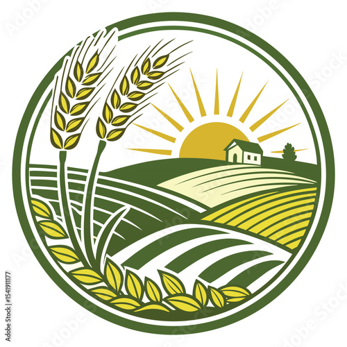 Green agricultural logo with wheat and sunrise landscape vector