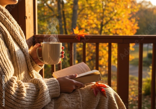 A woman in a cozy sweater sits on a porch, holding a steaming cup and a book. Autumn leaves surround her, creating a warm, inviting atmosphere.