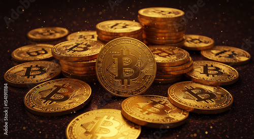 Stacks of Gold Bitcoin Cryptocurrency Coins Digital Currency Investment