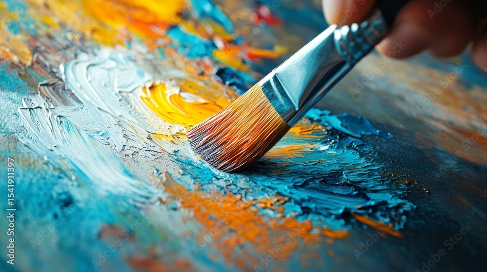Fototapeta premium Hand Holding Brush While Painting Colorful Abstract Artwork