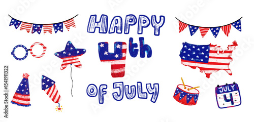 Cute set hand drawn happy 4th of july united states of America national independence day flag pattern patriotic theme elements doodle grunge brush watercolor crayon illustration clipart collection