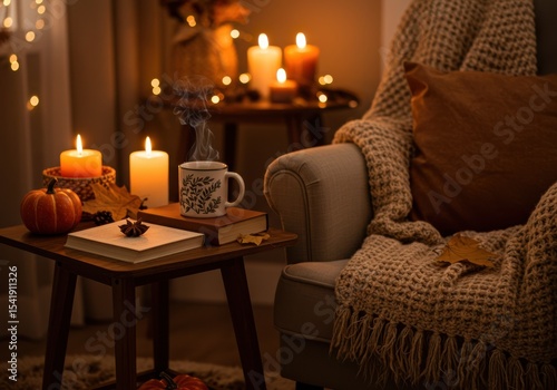 A cozy living room scene with a beige armchair, warm blankets, and a wooden table. Candles and pumpkins create a warm autumn atmosphere.