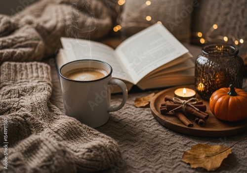 Cozy autumn scene with a cup of coffee, an open book, a lit candle, and a small pumpkin on a wooden tray. Soft blankets and fairy lights create a warm atmosphere.