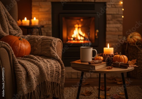 Cozy living room with a warm fireplace, a comfortable chair, a pumpkin, candles, and a cup on a table. Autumn decor creates a relaxing atmosphere.
