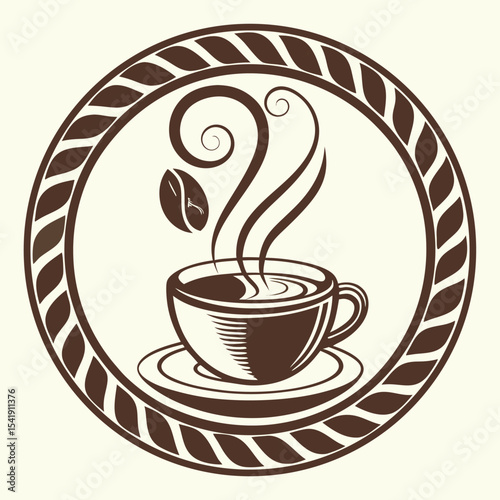 Minimalist circular café logo featuring a hot steaming drink vector