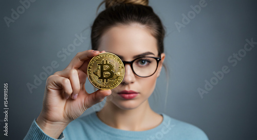 Young Woman Holding Bitcoin Cryptocurrency, Digital Currency Investment