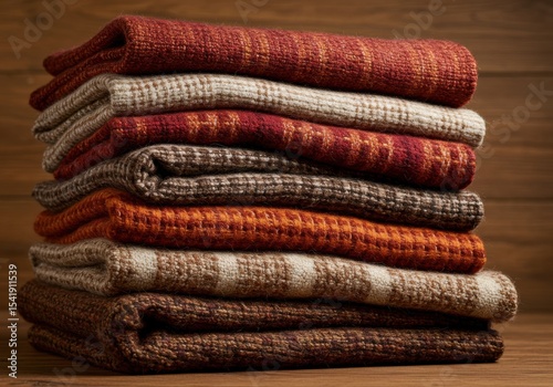 A stack of cozy, textured blankets in warm colors including red, orange, and brown. The blankets are neatly folded and arranged on a wooden surface.