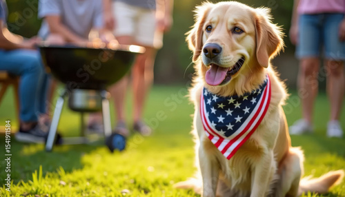 Golden retriever in patriotic bandana near barbecue grill, festive Fourth of July celebration in backyard