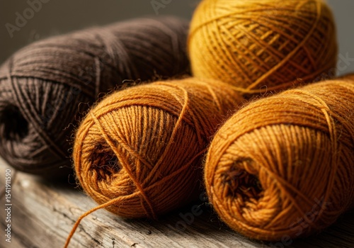 Four balls of yarn in brown and orange colors arranged on a wooden surface. The yarn is neatly wound and ready for crafting projects.