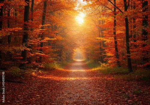 A serene forest path surrounded by vibrant autumn foliage. Sunlight filters through the trees, illuminating the colorful leaves on the ground.