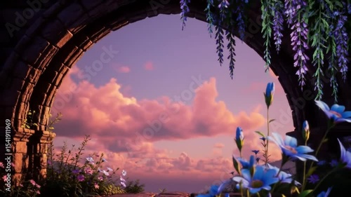Serene Sunset View Framed by Ancient Ruins and Flowers