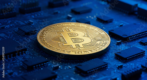 Bitcoin Cryptocurrency on Circuit Board Digital Currency Technology