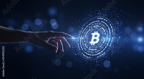 Exploring the Digital Frontier A Hand Reaching for the Bitcoin Symbol in a Futuristic Interface