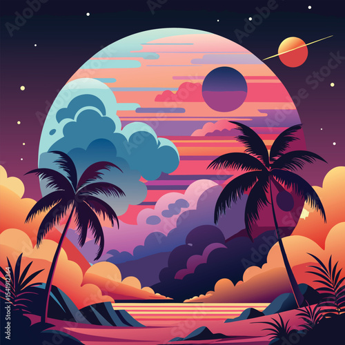 Colorful tropical paradise scene with palm trees under a bright sunset sky and planets