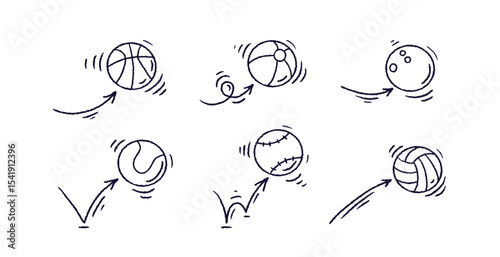 Ball bounce. Arrows doodle set. Baseball, tennis
