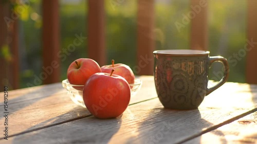 Golden Hour Breakfast Apples and Coffee Mug on Wooden Table