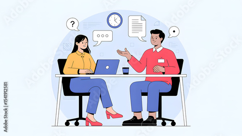 Flat Minimalist Job Interview Illustration Two People Talking Laptop Table