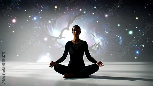 Person Meditating as Room Transforms into a Nebula - Wellness and Mindfulness Concept