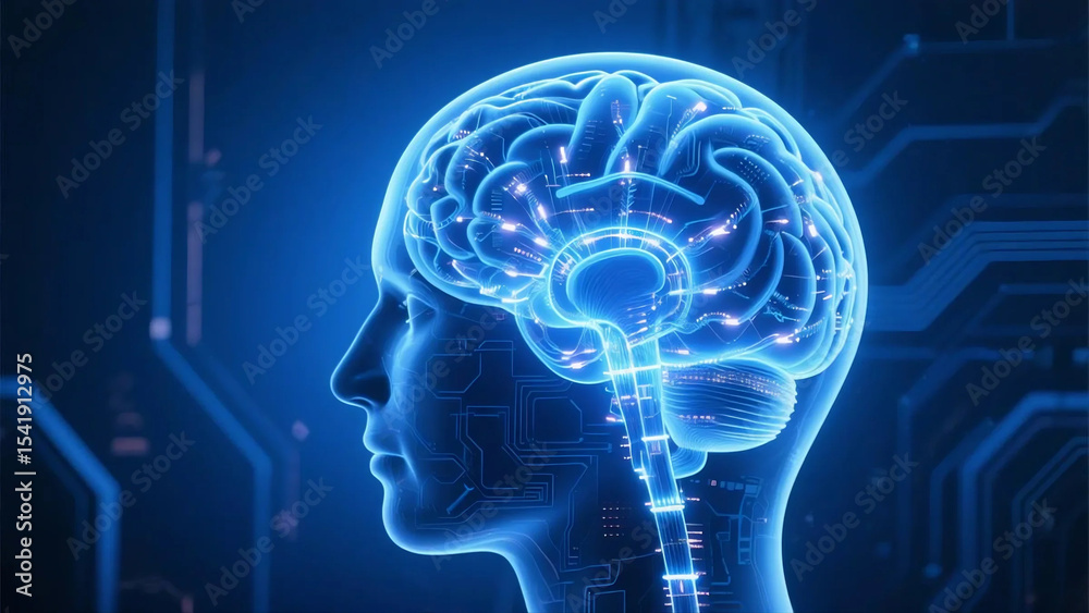 Fototapeta premium Neural Data Flow Inside Transparent Brain, Sci-Fi Tech Concept