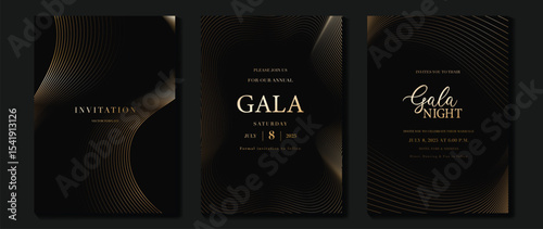 Luxury wedding invitation card background vector. Golden elegant gold wavy lines on dark background. Premium design illustration for wedding and vip cover template, banner, poster.