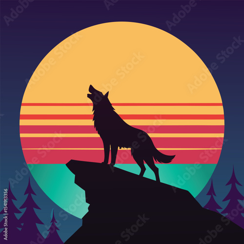 Silhouette of a howling wolf perched on a cliff against a sunset background