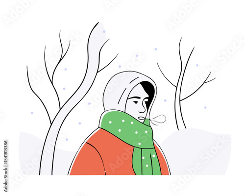 Woman Enduring Cold Weather - Winter Discomfort Vector Illustration (Shivering, Chilly Climate Scene) - Flat Design