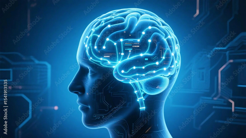 Obraz premium Neural Data Flow Inside Transparent Brain, Sci-Fi Tech Concept