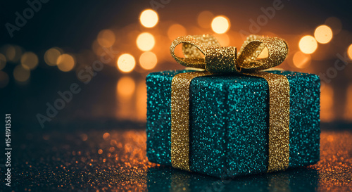 Sparkling Teal Gift Box with Gold Bow Festive Holiday Present