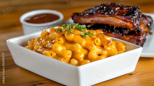 American comfort dish with baked mac and cheese and BBQ ribs on the side