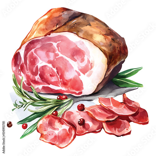 Watercolor illustration of prosciutto ham with herbs and cranberries on transparent background