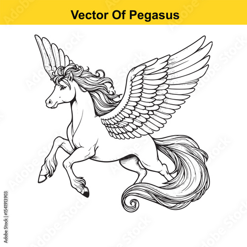 Black and White Line Art of a Majestic Pegasus with Wings for Easy Tracing