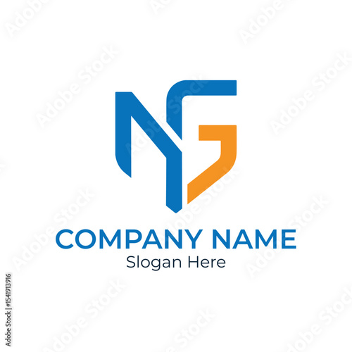 Ng letters logo design with blue and orange color scheme for company name and slogan on white background