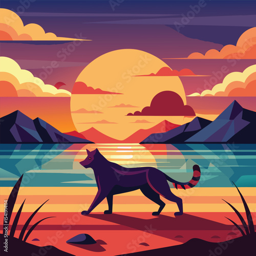 Stylized wolf silhouette walking against a beautiful sunset over mountain landscape scene