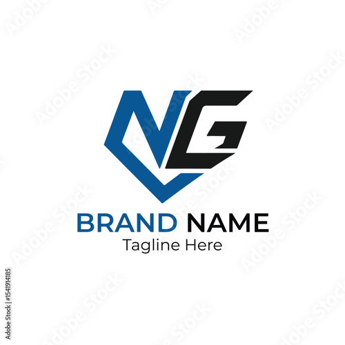 A logo with the letters ng in blue and black with the words brand name and tagline here below it