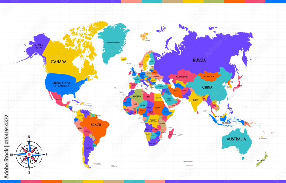 Fototapeta premium Colorful Political World Map Vector with Country Labels for Presentations. SVG infographics.