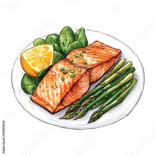 Watercolor salmon with asparagus lemon and spinach on transparent background