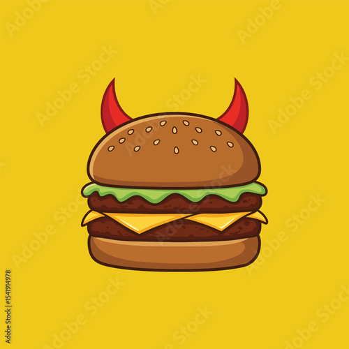 Funny cartoon hamburger with devil horns, bold flat design, vivid yellow backdrop. Perfect for satirical food art, playful burger graphics, or humorous culinary concepts.