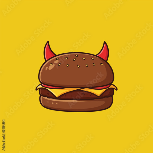 Funny cartoon hamburger with devil horns, bold flat design, vivid yellow backdrop. Perfect for satirical food art, playful burger graphics, or humorous culinary concepts.