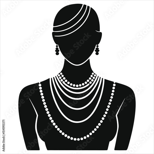 ( layered Necklaces|)Vector Silhouette of a woman adorned with multiple pearl necklaces and earrings./A stylish black and white silhouette of a woman, showcasing various pearl necklace..