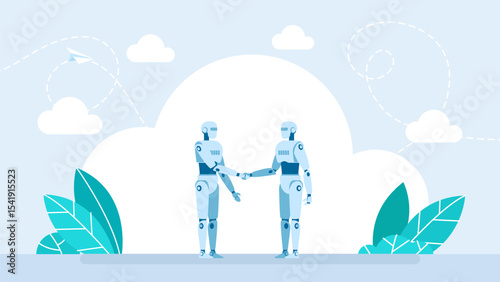 Collaboration between robots. Modern technological. Handshake two robots. Robot and robot shaking hands. Collaboration between artificial intelligence. Robotization in business. Vector illustration