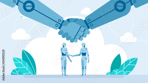 Two robots shaking hands. Close-up of robotic hands. Partnership, Handshake between robots. Handshake two robots. Collaboration between artificial intelligence. Robotization. Vector illustration