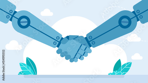 Partnership, Collaboration, handshake between robots. Handshake two robots. Robot and robot shaking hands. Collaboration between artificial intelligence. Robotization in business. Vector illustration