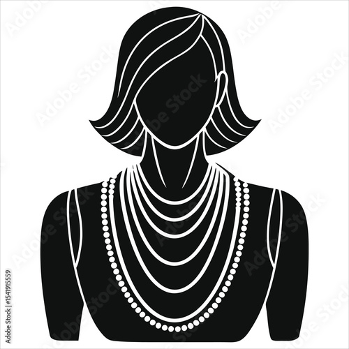 ( layered Necklaces)Elegant Woman Vector Silhouette with Layered Pearl Necklace/A simple, elegant silhouette of a woman wearing multiple strands of pearl necklaces.