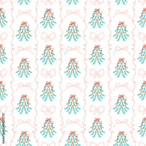 Whimsical Christmas tree striped seamless pattern with pink bows and ribbons, vertical lines. Vector New Year holiday grandmillennial wallpaper, retro bow knots, coquette hand drawn repeat background.